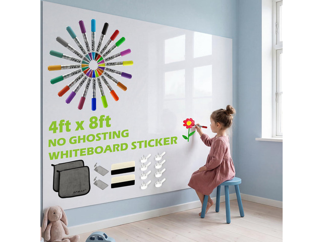 Whiteboard Sticker for Wall, 4x8ft White Board Paper, Super Sticky Dry Erase Wallpaper, Peel and Stick Dry Erase Board with 20 Markers, No Ghosting...