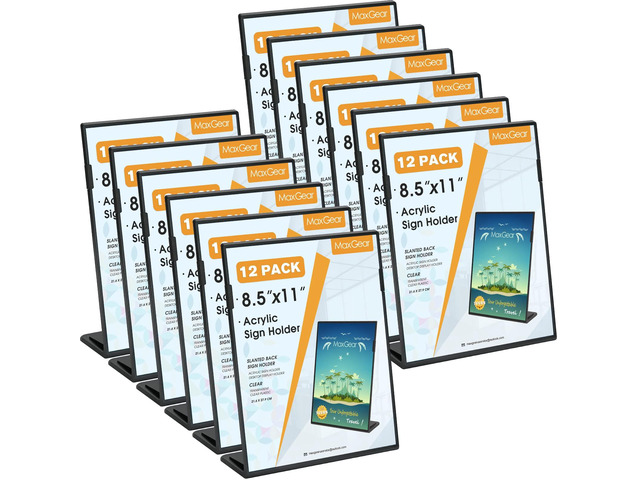 Fall Resistant Acrylic Sign Holder 8.5 x 11 Inches 12 Pack Slant Back Table Flyer Menu Display Stand, Heavy Duty Acrylic Sign Frame Paper Holder...