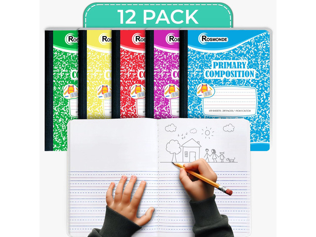 Composition Notebooks Primary Ruled, 12 Pack, 100 Sheets Bulk Primary Composition Notebooks, Draw and Write Journal, Grades K-2, 200 Pages (100...