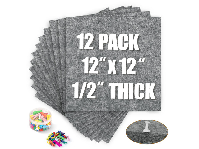 Cork Bulletin Board 12x12, 1/2' Thick Felt Cork Board Tiles 12 Pack, Small Square Pin Board for Wall, Self Adhesive Corkboards with 120 Push Pin...