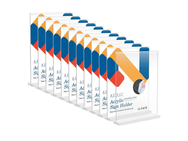 12 Pack Acrylic Sign Holder 8.5 x 11, Vertical T Shape Plastic Sign Holder with Base, Double-Sided Clear Tabletop Plexiglass Flyer Stands for...
