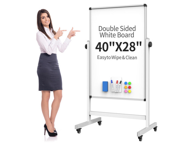40x28 Mobile Whiteboard on Wheels, Double Sided Magnetic Dry Erase Board Height Adjustable 40-75in, 360° Rotation, Steel Locking Casters, Smooth...