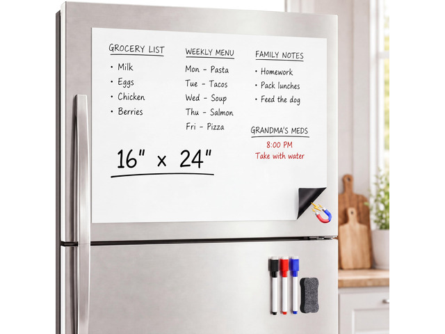 Large Magnetic Whiteboard for Fridge: Zones for Every Family Need Dry Erase Sheet Needs No Drilling or Glue - 24' x 16' Kitchen Message Center with...