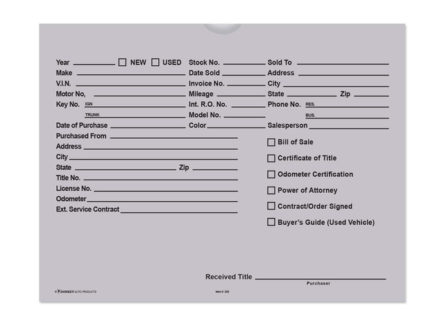 Printed Vehicle Deal Envelopes 9x12 Deal Jackets (100 shrink wrapped) (Gray)