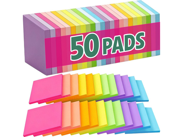 50 Pads Sticky Notes 3x3, Self-Stick Pads Bulk Bright Colors, School Supplies, Office Products, 50 Sheet/Pad