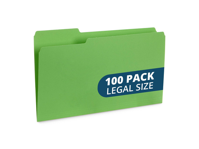 100 File Folders, Legal Size, 1/3 Cut Tab, Green Durable 11pt Uncoated Paper, 1/3 Cut Top Tab, Assorted Tab Positions, for Office, School, and Home...