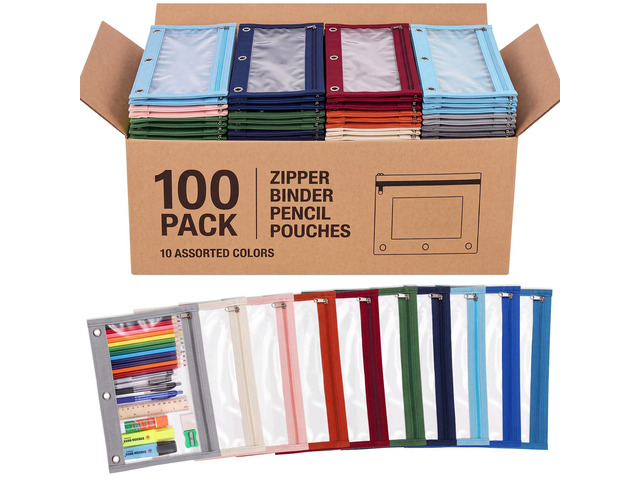 100 Pcs Classroom Binder Pencil Pouches, Fresh Color, 1 Zipper 3 Ring Binder Zipper Pencil Pouches, Mesh Layer Pencil Bags Bulk, Pencils Pouches...