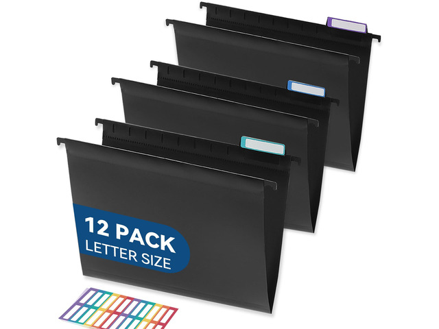 Plastic Hanging File Folders, Letter Size, Tear-Resistant, Black 12-Pack, Sturdy and Easy to Clean, for Filing Cabinets, with Insertable 1/5-Cut...