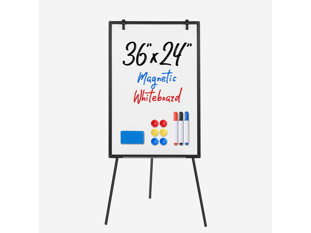 Magnetic White Board Easel 36'x24', Silver Aluminium Frame & Black 36'x24' magnetic dry erase. Height 28'-48' for adults & kids. Foldable for...