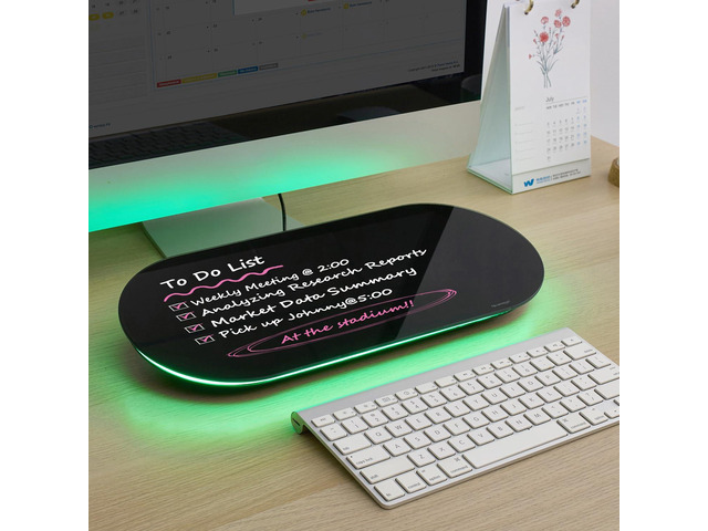 Glass Desktop Whiteboard - 17 X 7 Inches Black Board Green Light Glass Surface/Notepad with 1 Drawer/ Desk Organizers/ for Office, Home, School...