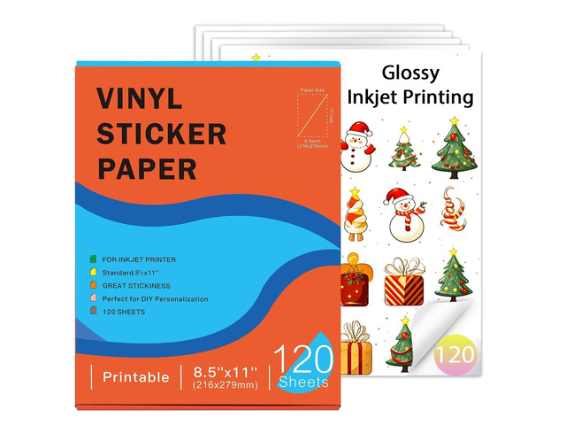 Printable Vinyl Sticker Paper for Inkjet Printers, 120 Sheets Glossy White 8.5 x 11 Inch, Waterproof, Quick Dry, Vivid Colors, Compatible with...