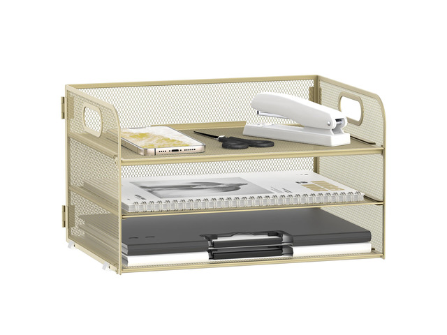3 Tier Paper Organizer for Desk, Sliding Paper Trays, Yellow 3 Tier desk organizer and paper tray with handle and for A4 sheets, files, mail and...