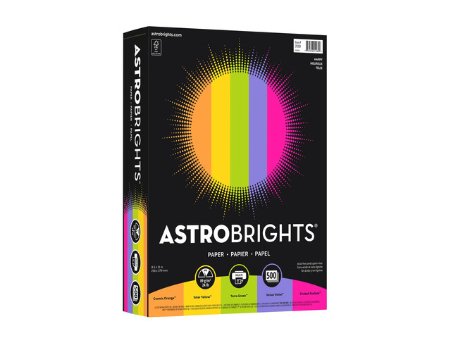 Astrobrights(R) Bright Color Paper, 8 1/2in. x 11in., 24 Lb, Assorted Colors, Ream Of 500 Sheets, 21289