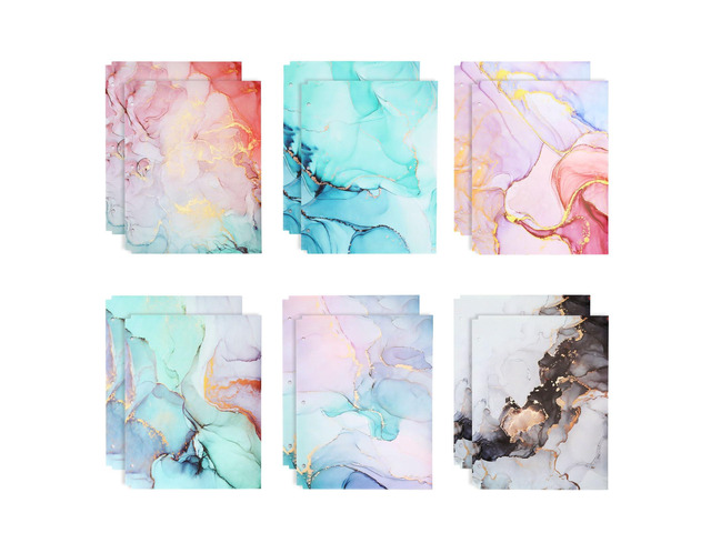 12 pcs Plastic Folders with Pockets,3 Hole Punched Folders Heavy Duty Binder Folder for 3 Ring Binder,Cute Marble Colors 2-Pocket Folders for...