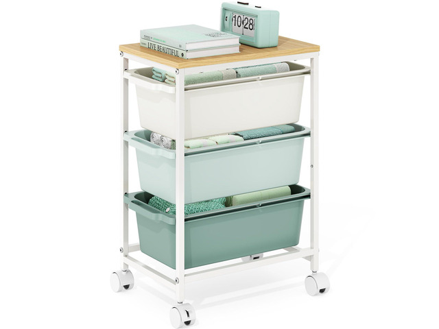 Slim Rolling Cart with 3 Drawers, Metal Utility Storage Cart Wooden Tabletop, Lockable Wheels, Under Desk Trolley for Bedroom, Children's Room...