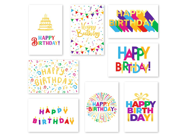 120 Pack Assorted Gold Foil Happy Birthday Cards with Envelopes, Organizer Box, Stickers, and Seals - 4x6 Inches, 8 Unique Designs, Ideal for Kids,...