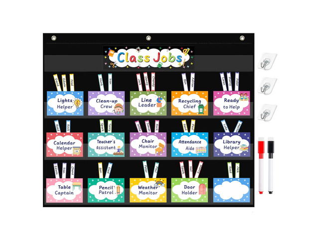 Class Jobs Pocket Chart with 70 Colorful Dry Erase Cards and 3 Hooks,Class Management Educational Pocket Chart Teacher's Helper Size: 24.5x21.8inch...