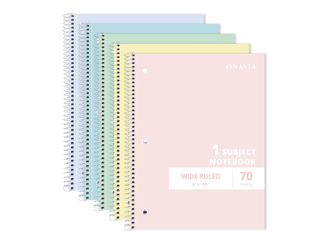 1 Subject Spiral Notebook Wide Ruled 5 Pack, 140 Pages, Assorted 70 Sheets, 7.5 x 10.5 in, 3-Hole Punched, School Notebook, Wide Ruled Paper,...