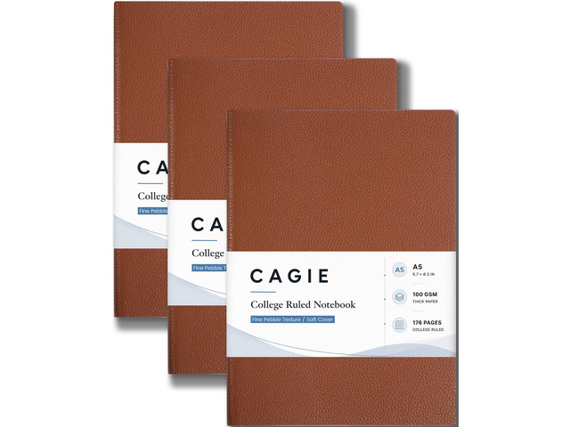 College Ruled Journal for Men & Women, Softcover A5 Leather Notebook 3 Pack, Brown, 176 Pages, 100 GSM Paper, Vegan Leather, Customizable Bookmark,...