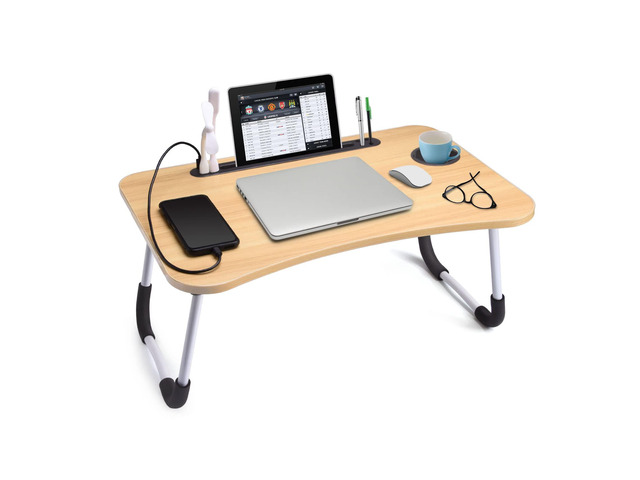 Foldable Lap Desk with Cup Holder for Bed, Couch, Floor Portable,with USB Light, Fan, Pen Holder,Tablet Holder,for Laptop,Writing,Eating,Walnut