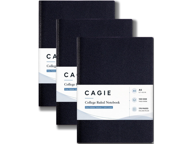 College Ruled Journal for Men & Women, Softcover A5 Leather Notebook 3 Pack, Black, 176 Pages, 100 GSM Paper, Vegan Leather, Customizable Bookmark,...