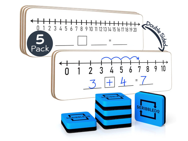 Dry Erase Number Line Board 12x4 Double Sided 5 Pack with Eraser 5 Board 5 Erasers, 0-10 And 0-20 Math Layouts, Lightweight Lapboards for...