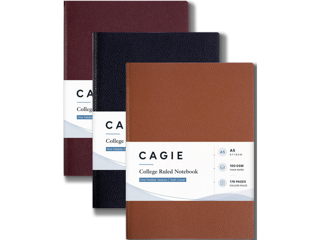 College Ruled Journal for Men & Women, Softcover A5 Leather Notebook 3 Pack, 176 Pages, 100 GSM Paper, Vegan Leather, Customizable Bookmark,...