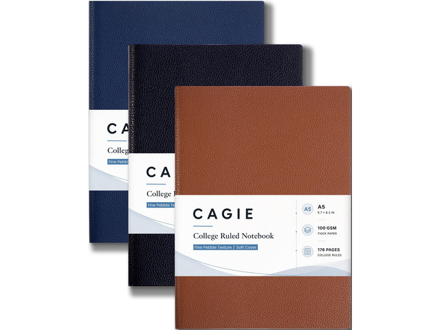 College Ruled Journal for Men & Women, Softcover A5 Leather Notebook 3 Pack, 176 Pages, 100 GSM Paper, Vegan Leather, Customizable Bookmark,...