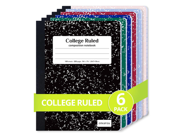 Composition Notebook College Ruled 6 Pack, 200 Pages, Assorted 100 ct, 9.75 x 7.5 in, Durable Comp Book, School Notebooks, Students, Note Taking,...