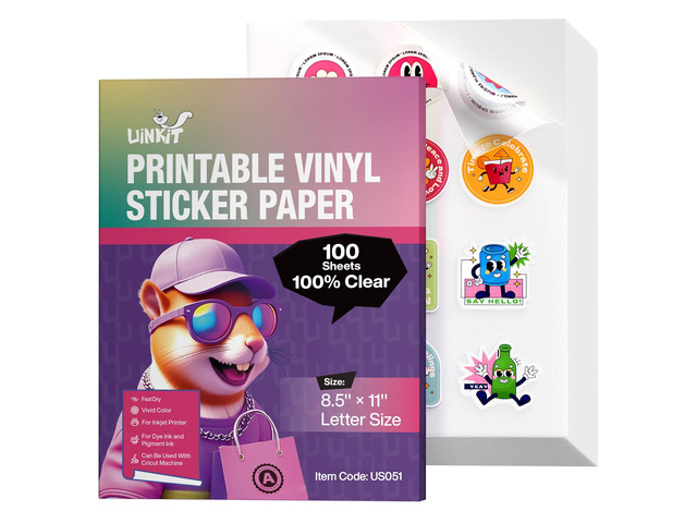 100% Clear Printable Vinyl Sticker Paper Letter Size 8.5'x11' Vivid Colors, Self-Adhesive 100 Sheets Labels for Product Packaging, Glass Jars &...