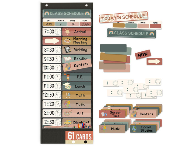 Daily Schedule Pocket Chart for Kids Management, 13+1 Pockets with 61 Cards Black Visual Time Reusable Dry-Eraser Schedule, Teacher Supplies for...