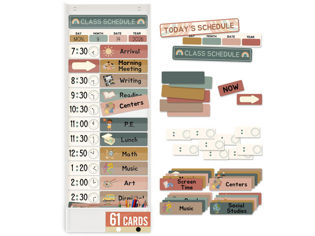 Daily Schedule Pocket Chart for Kids Management, 13+1 Pockets with 61 Cards Visual Time Reusable Dry-Eraser Schedule, Teacher Supplies for Boho...