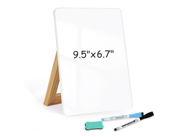 Desktop Glass Whiteboard, 9.5'x 6.7' Desk Dry Erase Board with Wood Stand Reversible Wooden Stand, Small Dry Erase Board, Portable Whiteboard for...