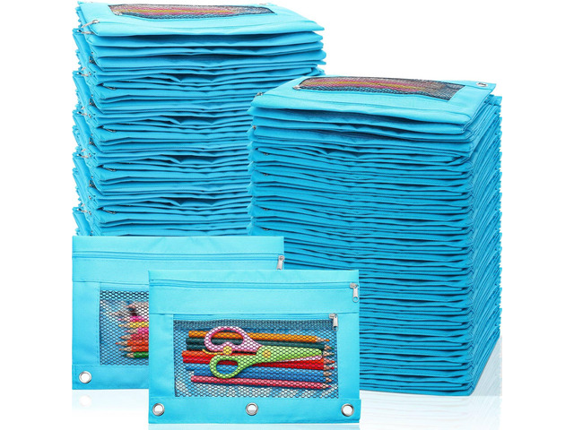100 Pcs Classroom Binder Pencil Pouches, Blue, 2 Zipper 3 Ring Binder Zipper Pencil Pouches, Mesh Layer Pencil Bags Bulk, Pencils Pouches for...