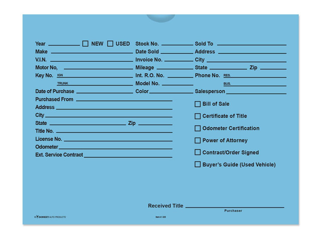Printed Vehicle Deal Envelopes 9x12 Deal Jackets (100 shrink wrapped) (Blue)