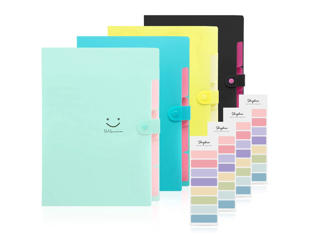 Expanding File Folder with 32 Labels, 5 Pockets A4 Letter Size Accordion Folder Paper Organizer for School and Office Pack of 4