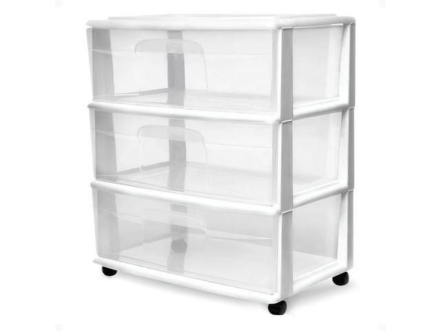 Drawer Tower, 3-Tier Storage Cart with Removable Wheels, White Frame Wide Plastic Organizer with Clear Bin Drawers for Bedroom, Bathroom, Home...