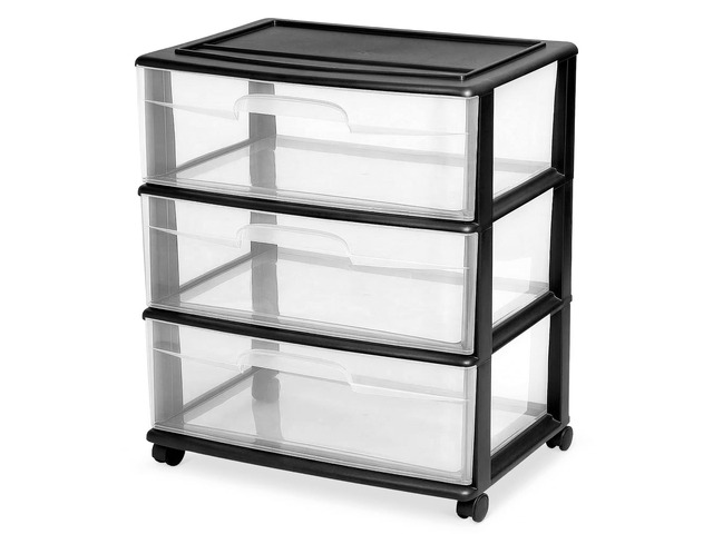 Drawer Tower, 3-Tier Storage Cart with Removable Wheels, White Frame Wide Plastic Organizer with Clear Bin Drawers for Bedroom, Bathroom, Home...