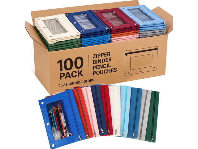 100 Pcs Classroom Binder Pencil Pouches, Vibrant Color, 2 Zipper 3 Ring Binder Zipper Pencil Pouches, Mesh Layer Pencil Bags Bulk, Pencils Pouches...