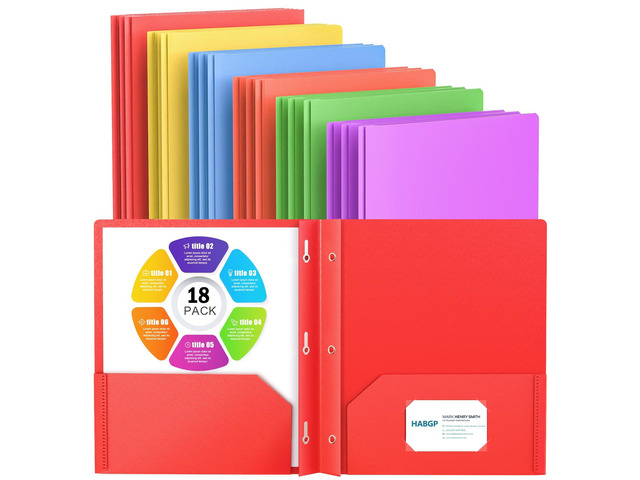 18 Folders with Pockets and Prongs, 2 Pocket 3 Prong Folder, Plastic Folder 18 Pack, 6 Bright Colors, Business Card Holder, Heavy Duty File...