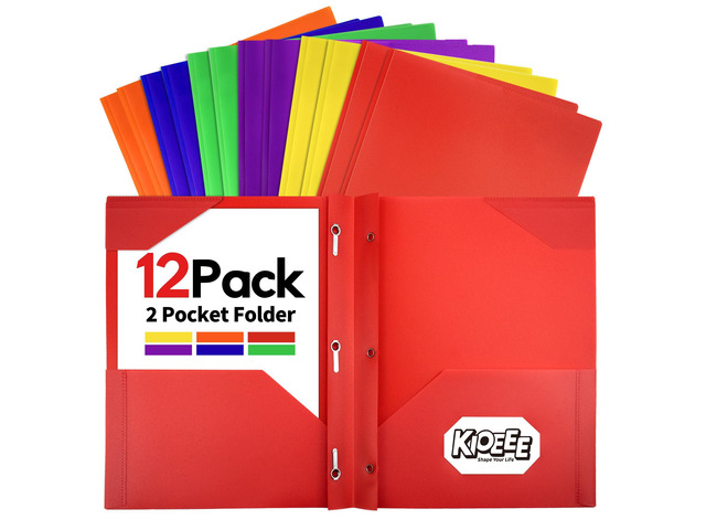 12-Pack Plastic Folders with 2 Pockets, 1/3 Cut Pockets Fit Letter Size Paper, Heavy Duty 3 Prong Folder with Business Card Slot Colored for Back...
