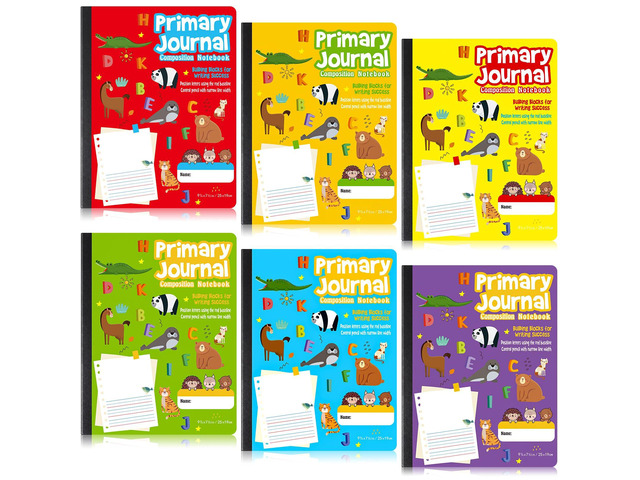 6 Pcs Primary Composition Notebook K-2 Picture Space, 6 Color Primary Journal, Grades K-2, Animal Print, 50 Sheet (100 Pages), Drawing and Writing...
