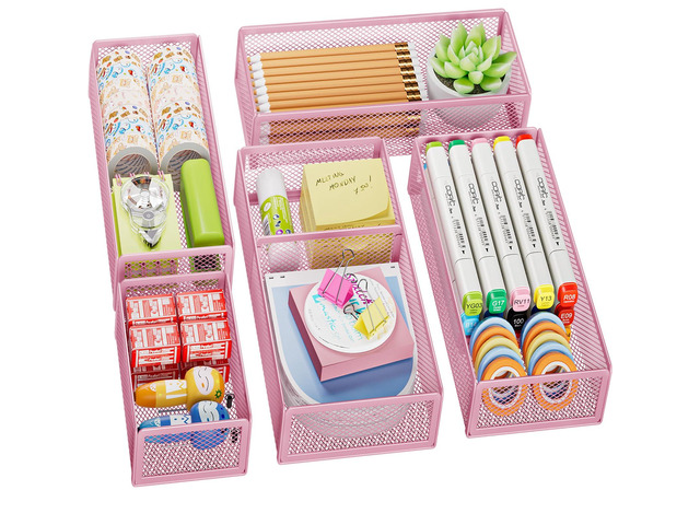 5 Pack Desk Drawer Organizer Set, Mesh Drawer Storage Trays with 1 Adjustable Divider, Desk Organizers and Accessories, 5 PCS Drawer for Office...