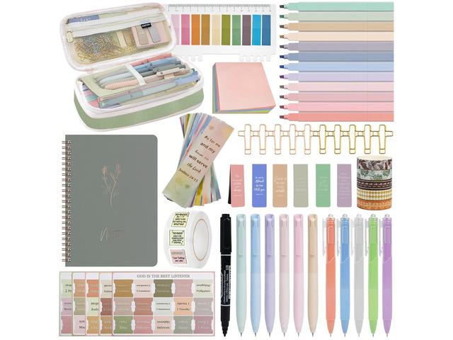 96-Piece Bible Study Supplies, Journaling Kit for Women, Green Bible journaling supplies with highlighters, gel pens, tabs, journal, bookmarks,...