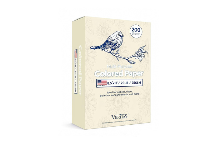 Veritas Colored Copy Paper, Cream Multi-Purpose paper,Colored Printer Paper 8.5 x 11, 20 lb / 75 GSM, Cream,200 Sheet, Made in USA