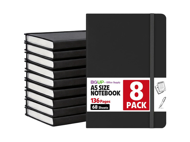 8 Pack Lined Journal Notebook for Work, A5 Hardcover (5.5' x 8.3'), Black 136 Pages Medium College Ruled Notebook Bulk, for Writing, Note Taking,...