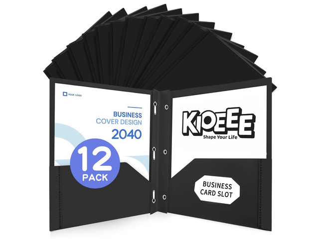 Plastic Folders with Pockets and Prongs (Black,12 Pack),Fit Letter Size Paper,Business Card Slot,2-Pocket Folder for School Office or Home,Durable...