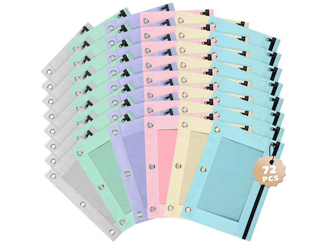 Pencil Pouch for 3 Ring Binder 72 Pack, Pastel Binder Pen Bags Bulk with Zipper, Aesthetic 3 Holes Pencil Holder Organizer for Boy Girl Kids School...