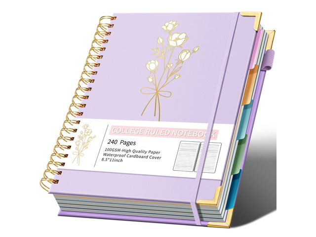 5-Subject Hardcover Spiral Notebook, 8.5' x 11', College Ruled 240 college-ruled pages, 100 GSM paper, 5 removable dividers, inner pocket and...