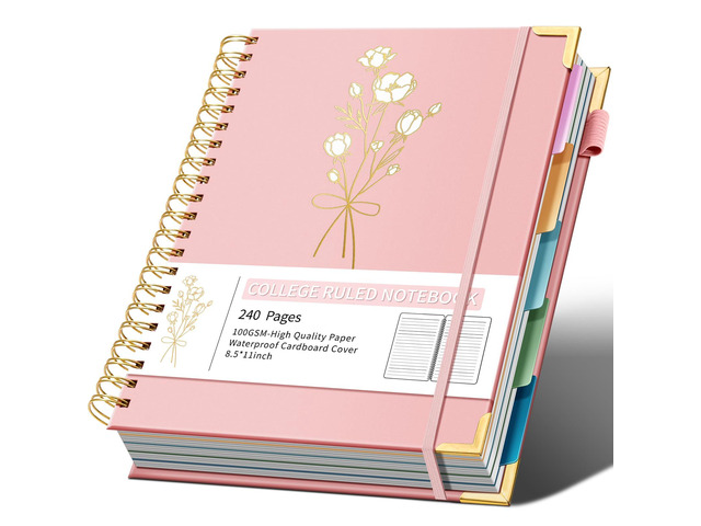 5-Subject Hardcover Spiral Notebook, 8.5' x 11', College Ruled 240 college-ruled pages, 100 GSM paper, 5 removable dividers, inner pocket and...